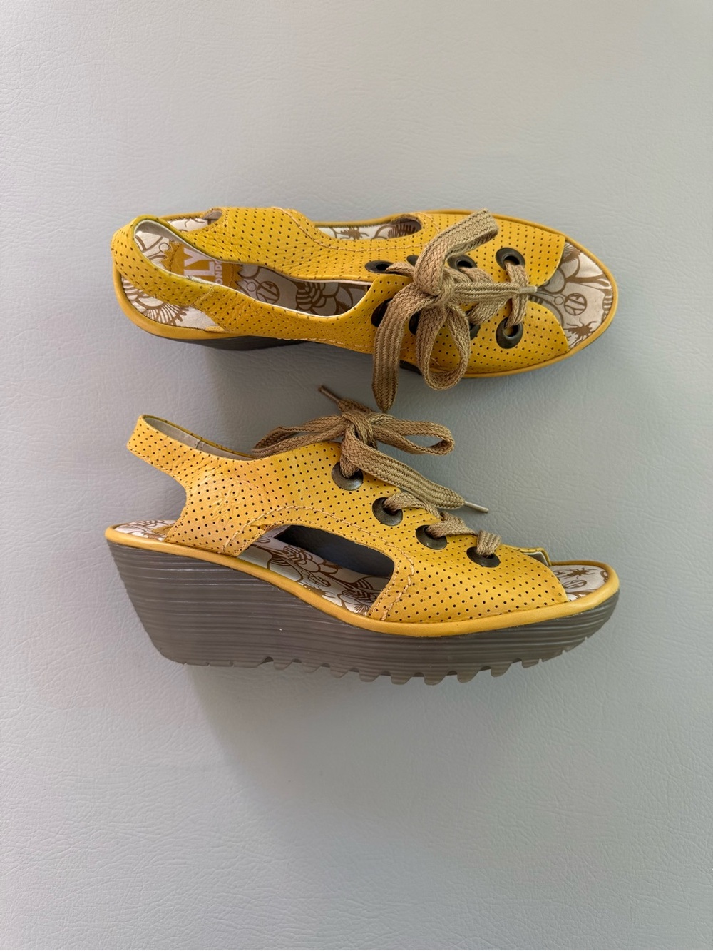 Fly London Yasi Mustard Yellow Perforated Leather Wedge Sandals size 41 Euro